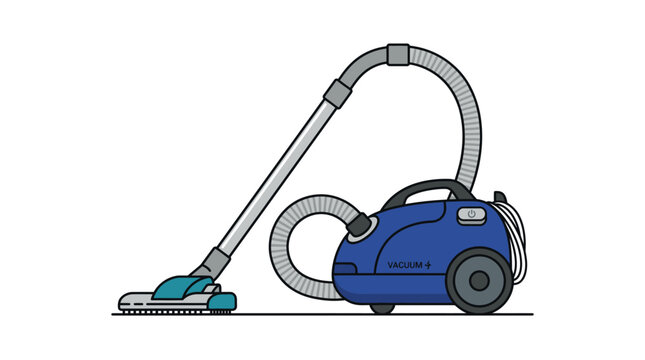 Blue vacuum cleaner with long hose.