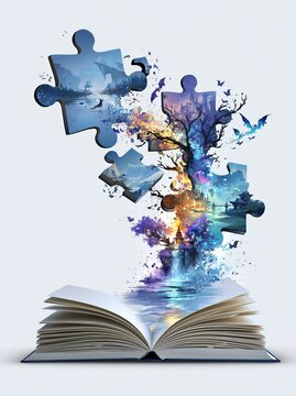 Fantasy Puzzle Pieces Erupting from Open Book, Illustrating Imagination and Storytelling