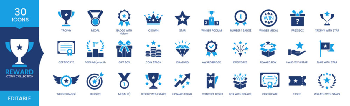 Reward Achievement Icons Set, Award Trophy Medal Success Editable Vector Collection, Winner Recognition Flat Icons Pack