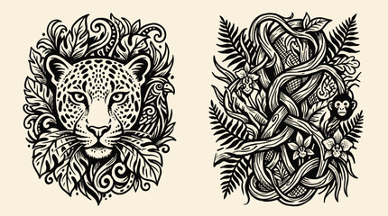 Obraz premium Leopard and Jungle Elements, Intricate Line Art Illustrations