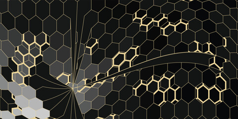 Modern geometric luxury black background for business or presentation or greeting card with golden honeycombs or hexagons. © nang