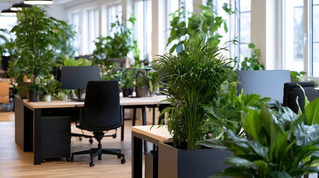 A modern efficient open plan office space is beautifully decorated with plants and scattered elements to create a dynamic workspace