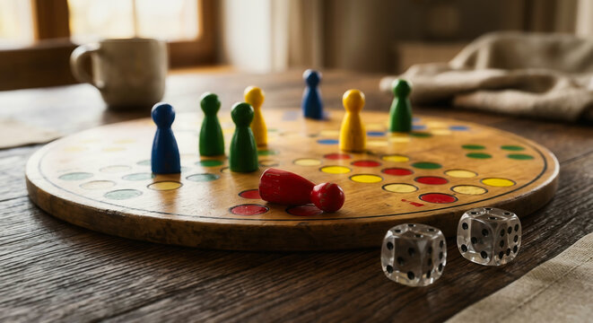 Round wooden board game with colorful pawns and transparent dice on rustic table