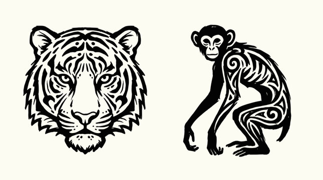 Tribal Tiger Face and Monkey Silhouette with Ornaments