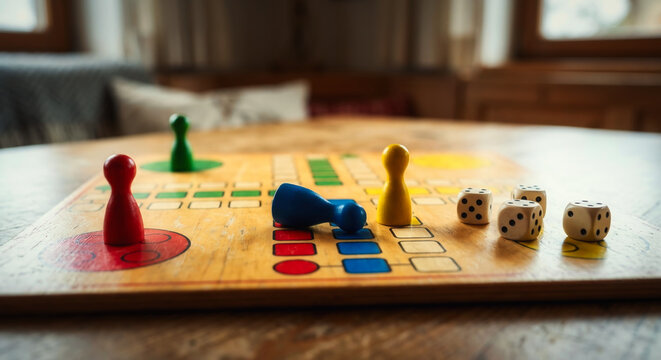 Classic wooden board game with colorful pawns and dice on a rustic table family concept