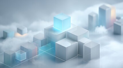 Fototapeta premium Isometric 3D abstract city of digital blocks surrounded by fog with central glowing blue data cube for cloud tech background
