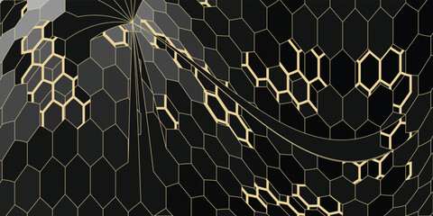 Modern geometric luxury black background for business or presentation or greeting card with golden honeycombs or hexagons. © nang