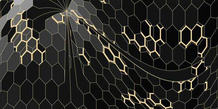 Modern geometric luxury black background for business or presentation or greeting card with golden honeycombs or hexagons.