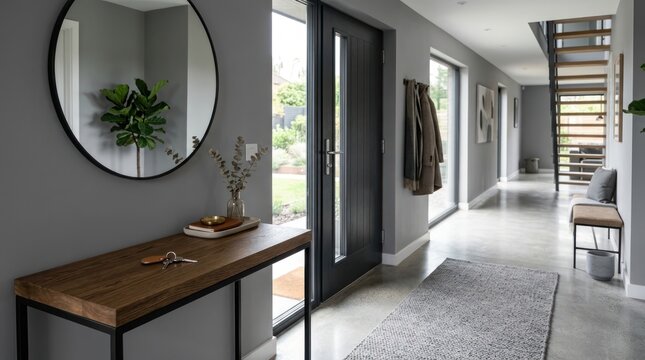 A modern hallway with a wooden console table, a round mirror, and a dark door leading outside.