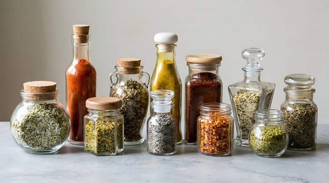 Assorted dried spices and herbs stored in various glass jars and bottles on a grey background