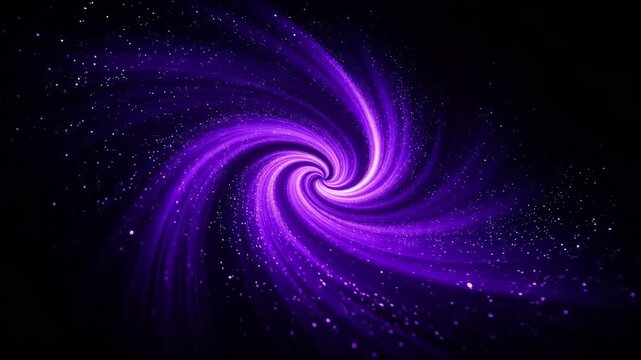 Purple light vortex with spiral bands and particles on black background