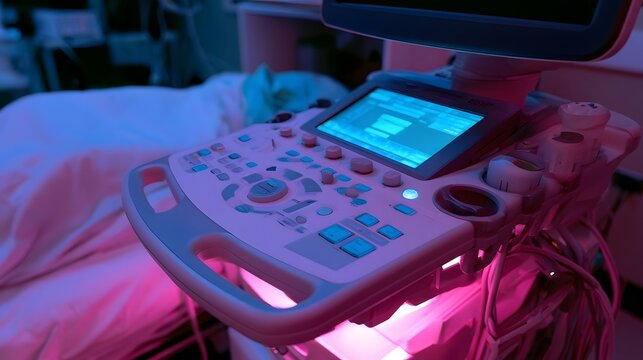 Modern ultrasound hine emitting a radiant blue glow symbolizing advanced medical technology and diagnostic precision