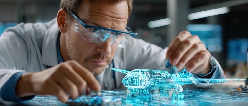 Innovation in Progress: A focused scientist, wearing protective glasses and a lab coat, meticulously assembles a complex holographic model of a drone, embodying cutting-edge technological advancement.