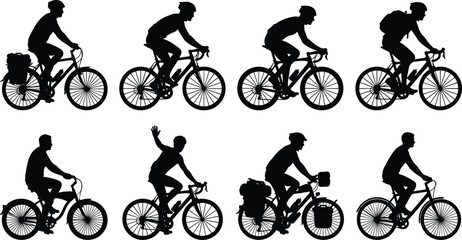 Obraz premium Cyclist Silhouette Collection Vector Set Featuring Road Cycling, Bicycle Touring, Commuting, and Outdoor Recreation