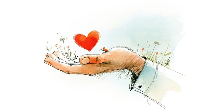 Gentle Hand Cupping Red Heart with Blooming Flowers, Symbolizing Care, Love, and Hope