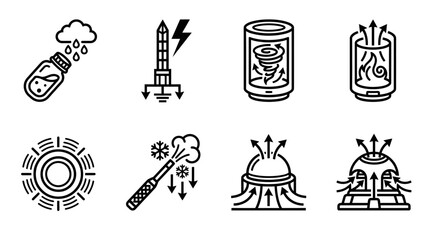 Fototapeta premium Weather Phenomena Icons: Rain, Lightning, Tornado, Fire, Sun, Snow, Dome