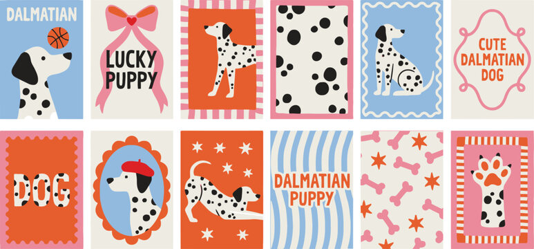 Collection of playful dalmatian dog with text and patterns puppy
