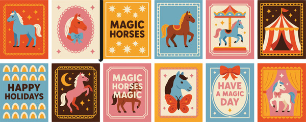 Collection of twelve flat featuring horses and circus carousel circus tent © MDSHAHIN