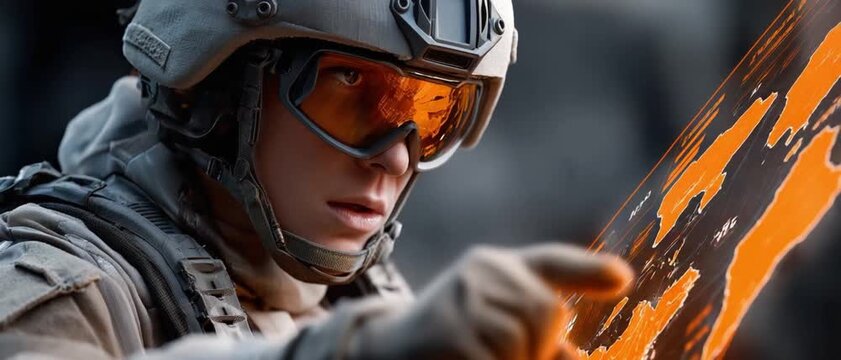 Future Soldier Gaze: A determined soldier, clad in tactical gear with orange tinted goggles, points towards a futuristic holographic display.
