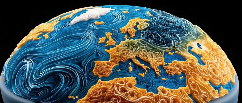 Artistic Globe: A stylized depiction of the Earth, highlighting Europe and Africa, rendered in a unique artistic style resembling swirling patterns of paint or fiber, set against a dark background.