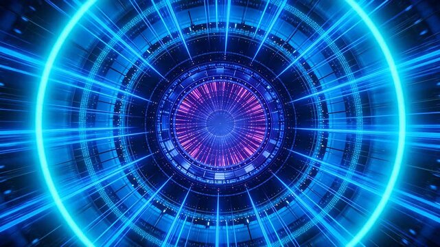 Sci fi ring tunnel with purple and blue light trails in deep space