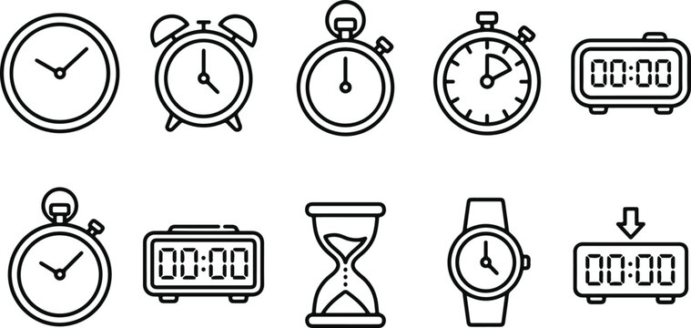 Black line icons of various clocks and watches
