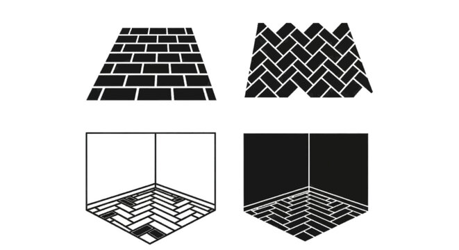 Minimal black silhouette icon, simple flat vector, bold black shape, no, no shading set of floor tile patterns, herringbone and brick layout for interior design on a, flat icon style