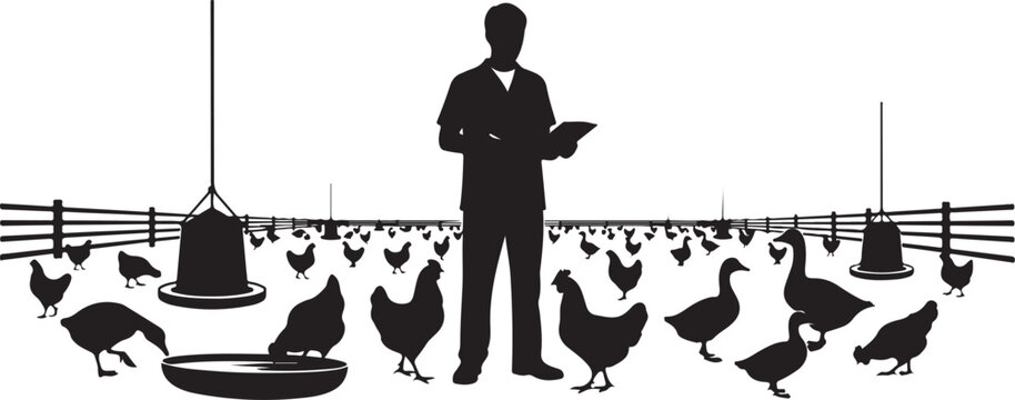 Silhouette of man standing in chicken coop with chickens desi