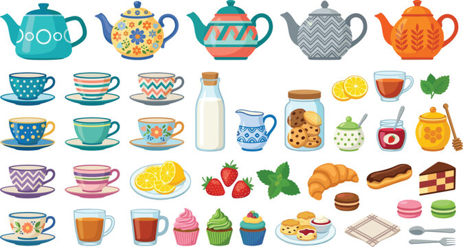 Colorful Tea Time and Afternoon Party Vector Icons Set with Teapot Cup Saucer Cookie Croissant Macaron Cupcake Illustration
