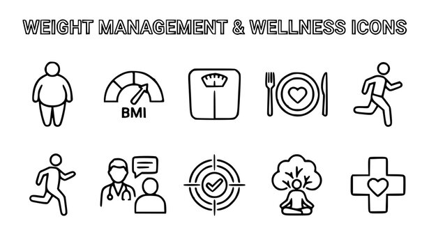Weight management and wellness outline icon collection vector EPS10