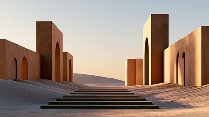 Fototapeta premium Modern Architectural Structures in a Desert Landscape at Sunset