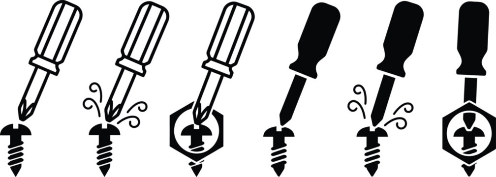 Set of diverse screwdriver and screw tool icons illustrating repair assembly and construction tasks with a transparent background