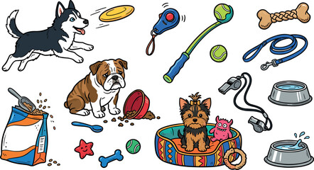 Vector cartoon sticker set featuring cute playful dogs including retriever eating pizza corgi in birthday hat and husky © Khairul