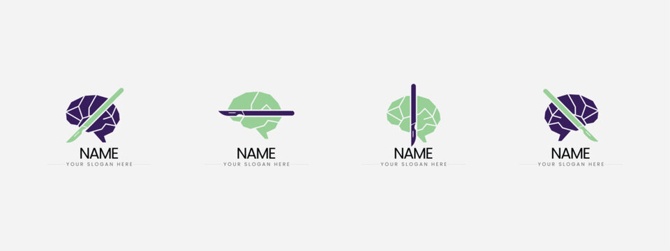 Brain surgery logo set with neurology neurosurgeon hospital medicine surgical procedure