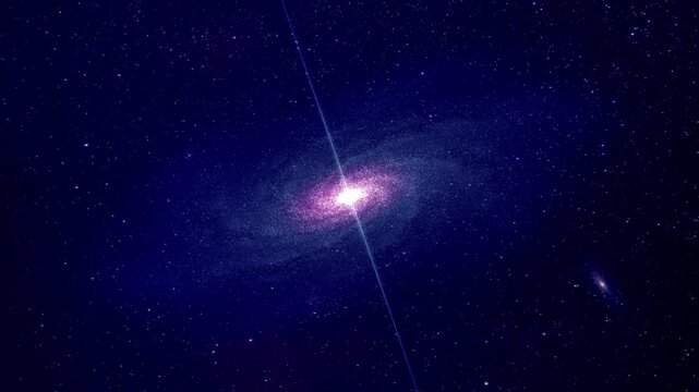 Rotating spiral galaxy appears in deep space. Active quasar center shines brightly at core of galaxy, emitting powerful energy beams across vast cosmic void within dark interstellar vacuum