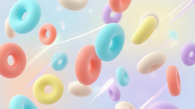 Colorful floating pastel donut shapes abstract background with soft light and smooth texture