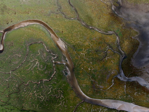 Aerial view of the abstract tidal patterns at Culbin Sands, featuring intricate winding channels and lush green marshland textures in Nairn, Scotland, United Kingdom.