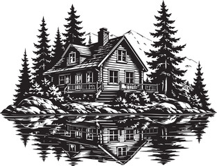 Naklejka premium Black and white illustration of a house on a lake shore surrounded by trees isolated on white background