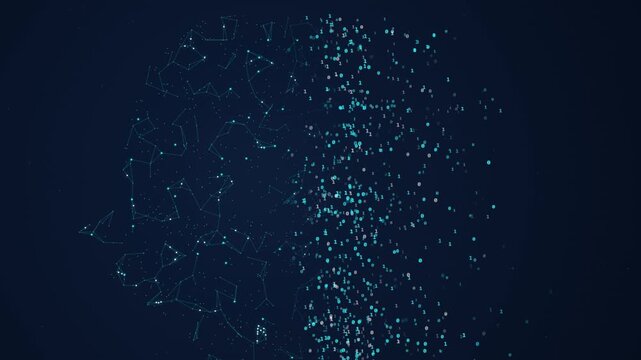 Digital human head silhouette formed by network connections and binary code data particles