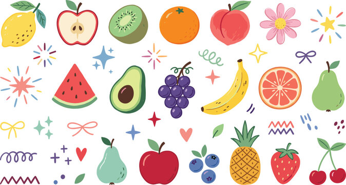 Cute Colorful Fruit Sticker Set with Lemon Apple Kiwi Orange Watermelon Avocado Grapes Banana Pineapple and Cherry Vector Illustration