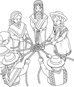 Illustrated group playing intricate teamwork knot game together.