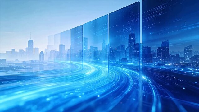 Futuristic smart city with transparent screens and data streams in blue purple tone