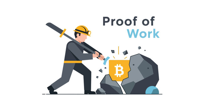 Proof of Work Bitcoin Mining Illustration: Professional Miner Extracting Digital Cryptocurrency from Ore, Flat Vector Design