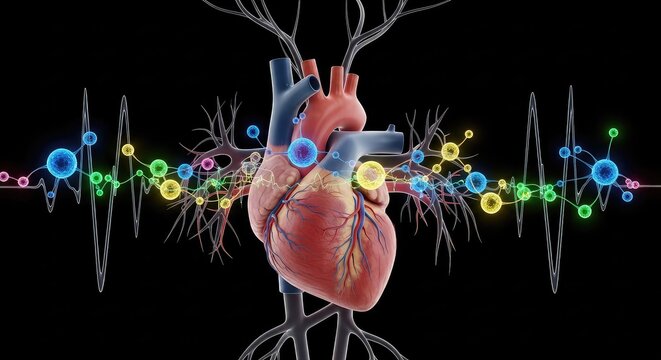 A detailed medical illustration of a heart organ with glowing neurotransmitter molecules regulating rhythm through complex nervous pathways, microscopic, physiology, nerve
