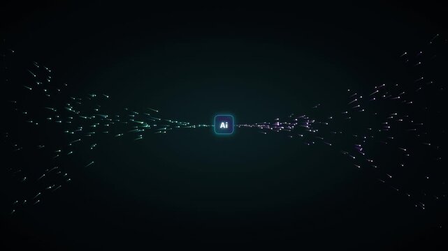 Abstract digital background with glowing particles and adobe illustrator ai logo icon in the center