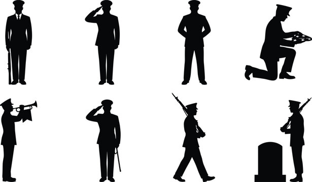 Military Personnel Silhouette Collection Vector Set Featuring Salute, Honor Guard, Memorial, and Ceremonial Poses