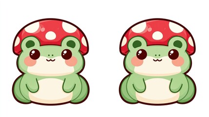 Obraz premium Adorable Kawaii Frogs with Red Mushroom Caps - Cute Cartoon Amphibian Duo