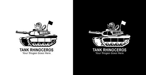 Logo design of a rhinoceros riding a tank © Yohanes