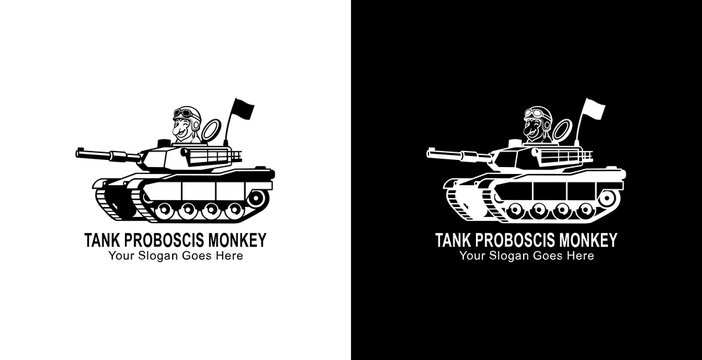 Logo design of a proboscis monkey riding a tank