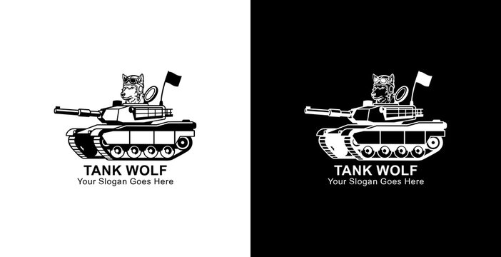 Logo design of a wolf riding a tank